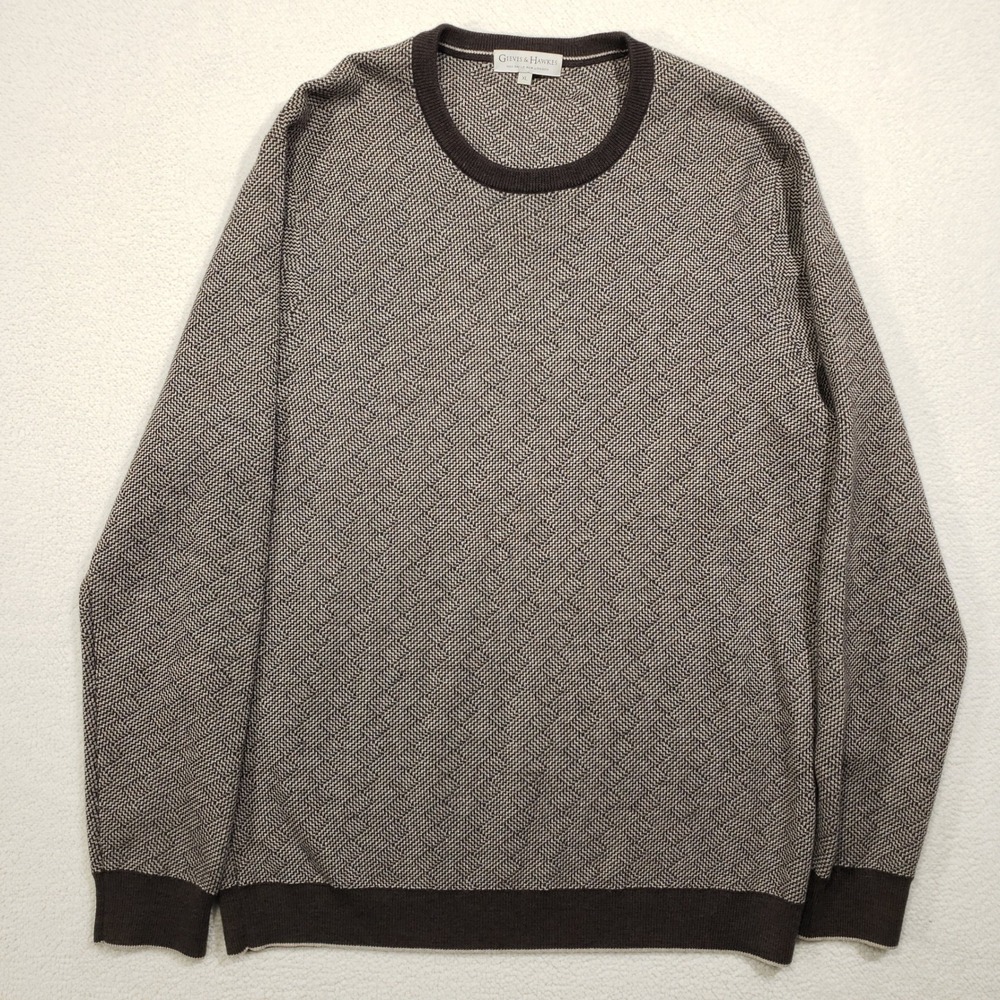 Gieves and Hawkes Sweater Men XL Brown Pure Wool Basketweave Crew Neck Luxury